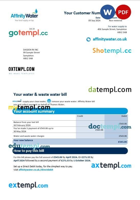 United Kingdom Affinity Water business utility bill template in Word and PDF formats