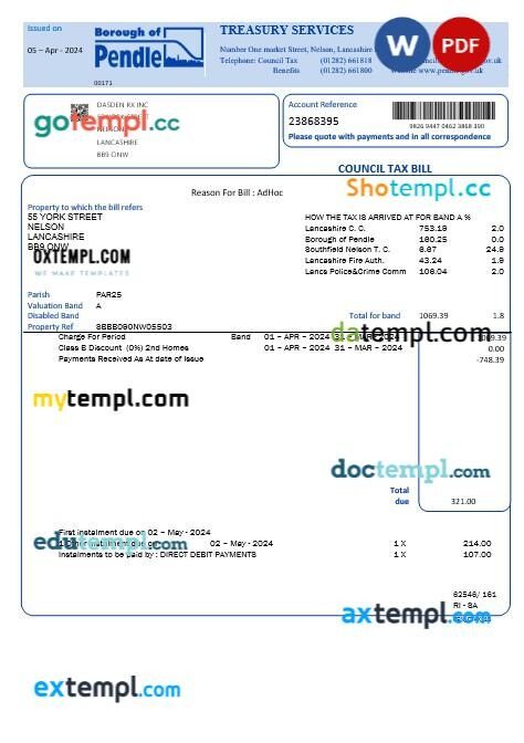 United Kingdom Borough of Pendle council tax business utility bill template in Word and PDF formats