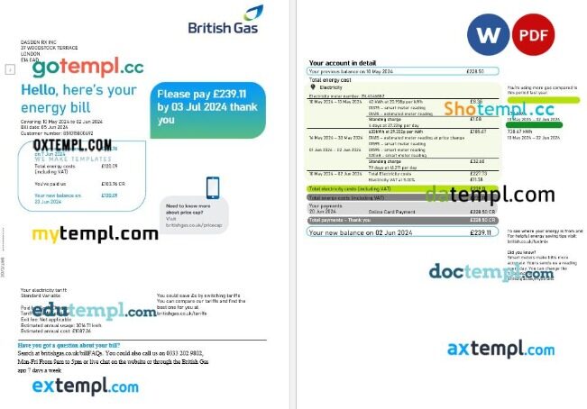 United Kingdom British Gas business utility bill, Word and PDF template, 2 pages