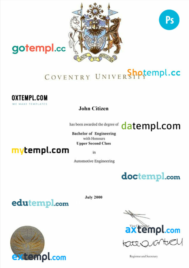 United Kingdom Coventry university diploma template in PSD format