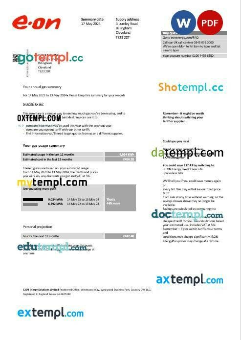 United Kingdom E.ON business utility bill template in Word and PDF formats, version 2