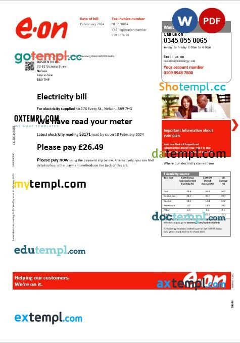 United Kingdom E.ON business utility bill template in Word and PDF formats, version 3