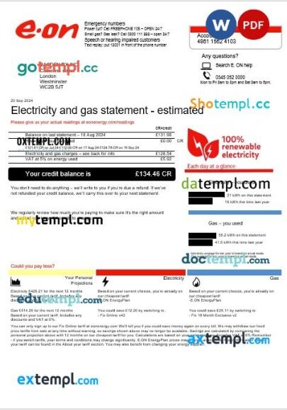 United Kingdom E.ON business utility bill template in Word and PDF formats, version 4