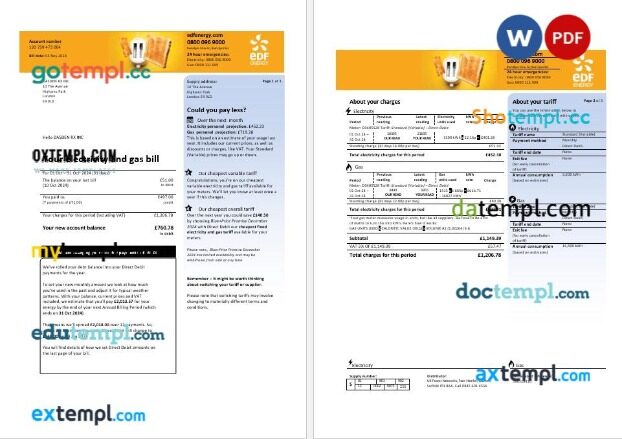 United Kingdom EDF business utility bill template in Word and PDF formats, 3 pages