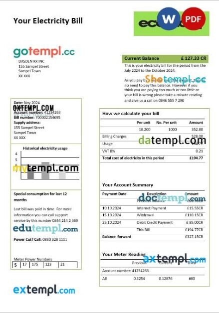 United Kingdom Ecotricity electricity business utility bill template in Word and PDF formats