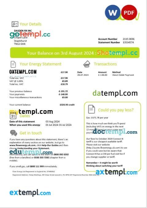 United Kingdom Flow Energy business utility bill template in Word and PDF formats