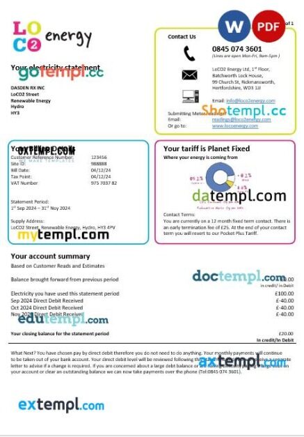 United Kingdom LoCO2 Energy business utility bill template in Word and PDF formats