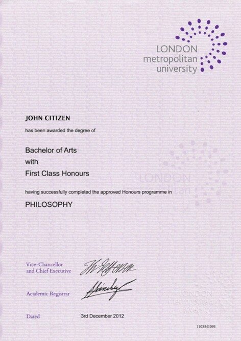 United Kingdom London Metropolitan University diploma template in PSD format