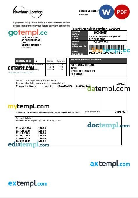 United Kingdom London of Borough of Newham council tax business utility bill template in Word and PDF formats