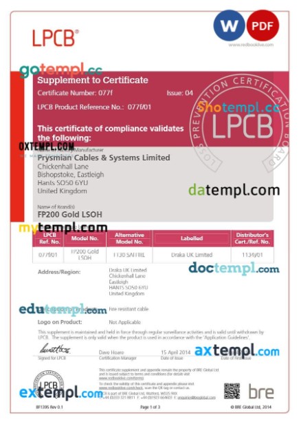 United Kingdom Loss Prevenion Certification Board(LPCB) certificate editable template in Word and PDF format