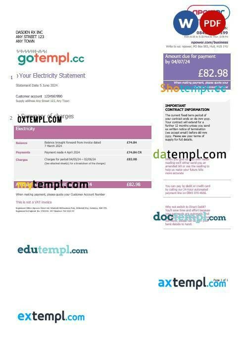 United Kingdom Npower business utility bill, Word and PDF template