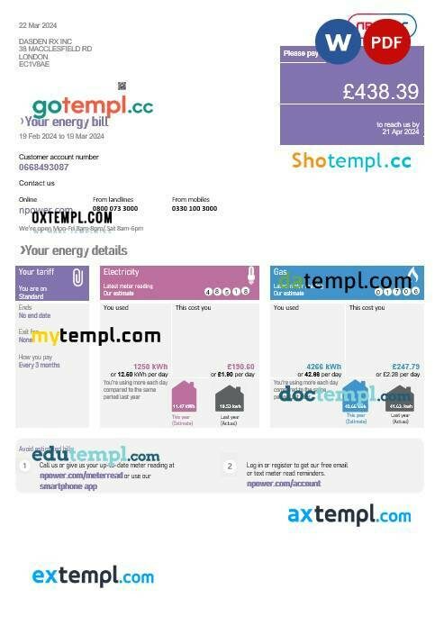 United Kingdom Npower business utility bill template in Word and PDF formats