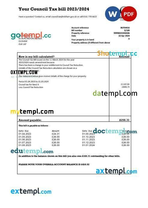 United Kingdom Oldham council tax business utility bill template in Word and PDF formats