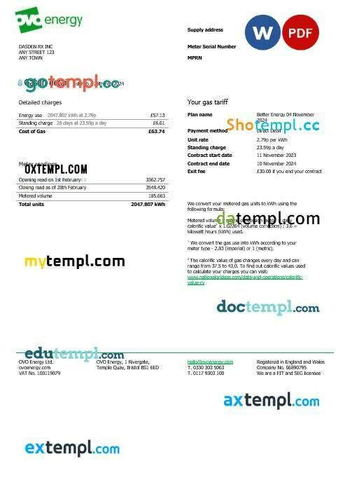 United Kingdom Ovo Energy business utility bill, Word and PDF template