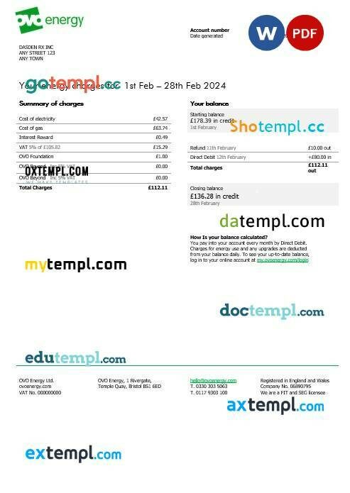 United Kingdom Ovo Energy electricity business utility bill, Word and PDF template