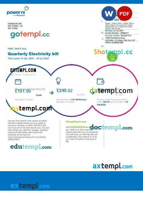 United Kingdom Power Ni business utility bill Word and PDF template