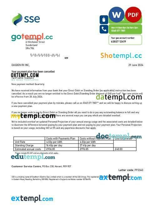 United Kingdom SSE Energy business utility bill template in Word and PDF formats, version 1