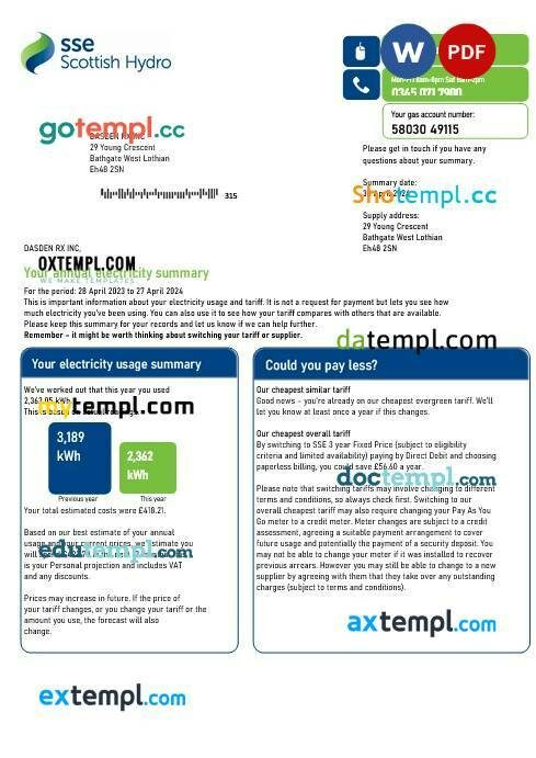 United Kingdom SSE Energy business utility bill template in Word and PDF formats, version 2