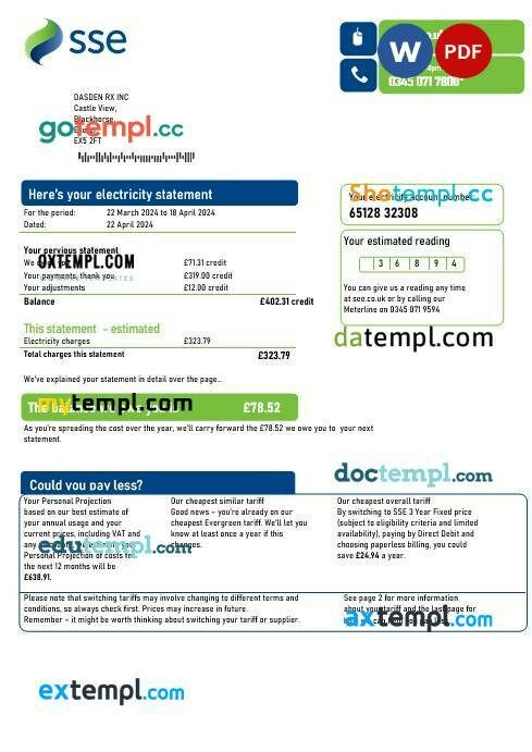 United Kingdom SSE Energy business utility bill template in Word and PDF formats, version 3