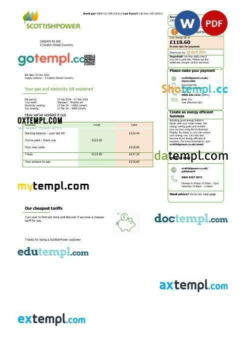 United Kingdom Scottish Power business utility bill Word and PDF template