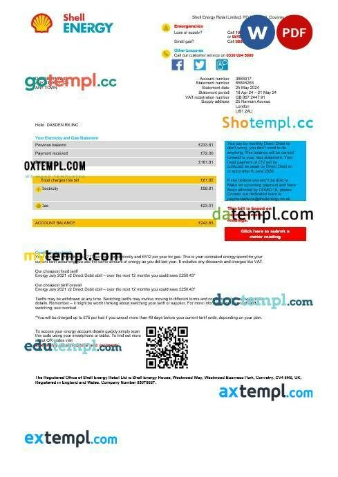 United Kingdom Shell Energy business utility bill template Word and PDF template