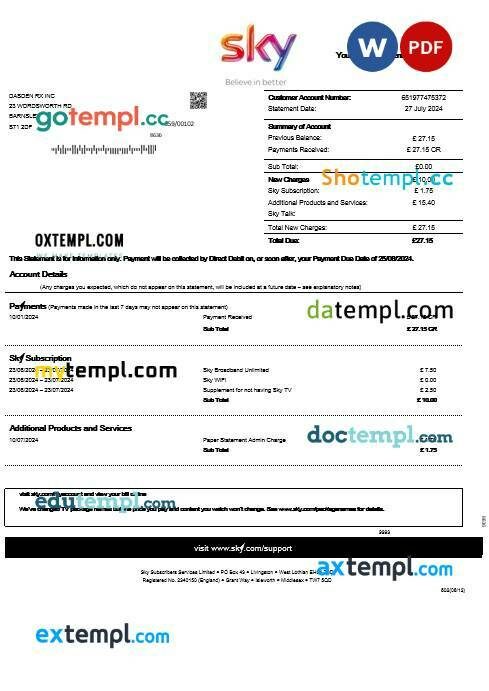 United Kingdom Sky business utility bill statement template in Word and PDF formats