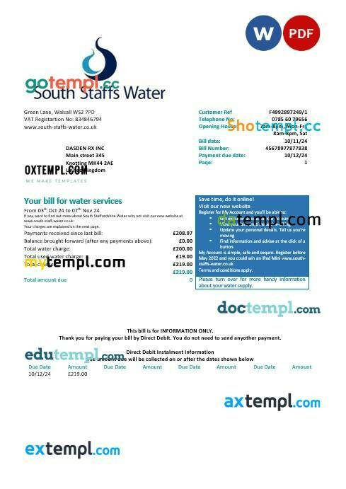 United Kingdom South Staffs Water water business utility bill Word and PDF formats, version 2