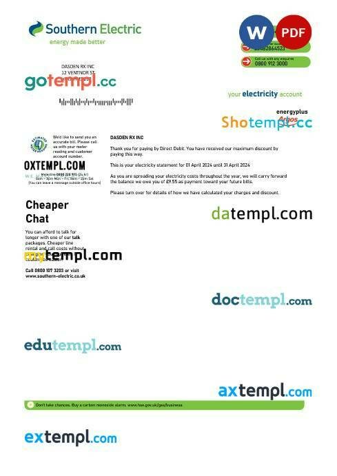 United Kingdom Southern Electric proof of address business utility bill template in Word and PDF formats