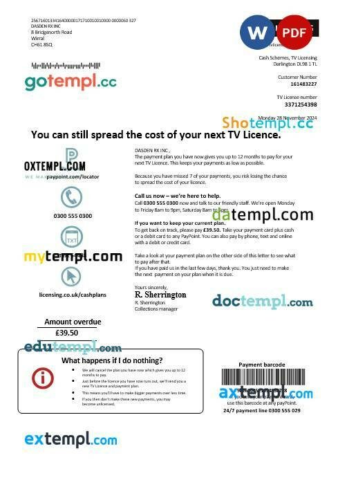 United Kingdom TV Licensing business utility bill template in Word and PDF formats