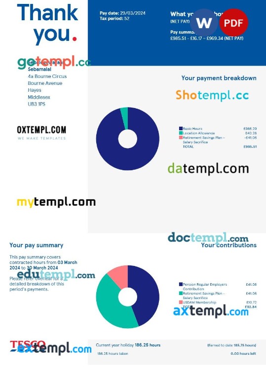 United Kingdom Tesco Stores payslip template in Word and PDF formats