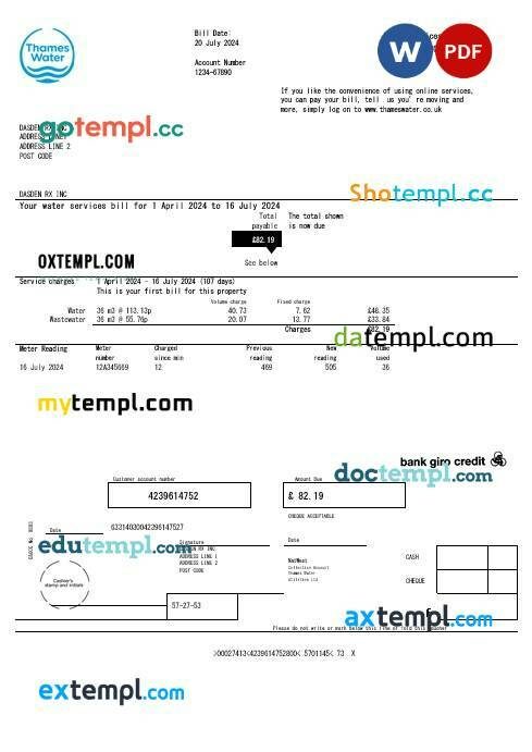 United Kingdom Thames Water business utility bill template in Word and PDF formats