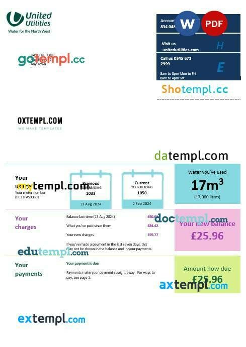 United Kingdom United Utilities business utility bill Word and PDF template