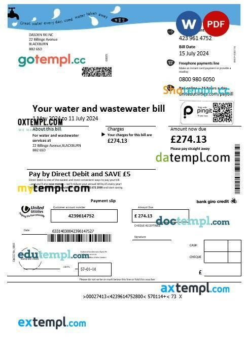 United Kingdom United Utilities water business utility bill template in Word and PDF formats