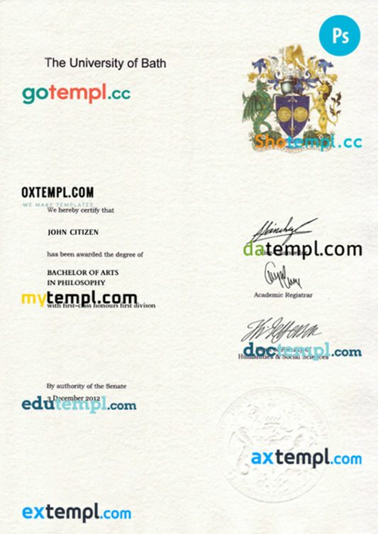 United Kingdom University of Bath diploma template in PSD format