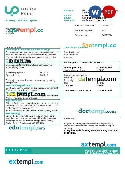 United Kingdom Utility Point business utility bill template in Word and PDF formats