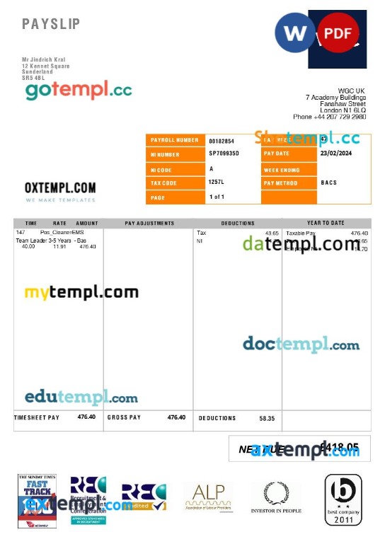 United Kingdom WGC cleaning service payslip template in Word and PDF formats