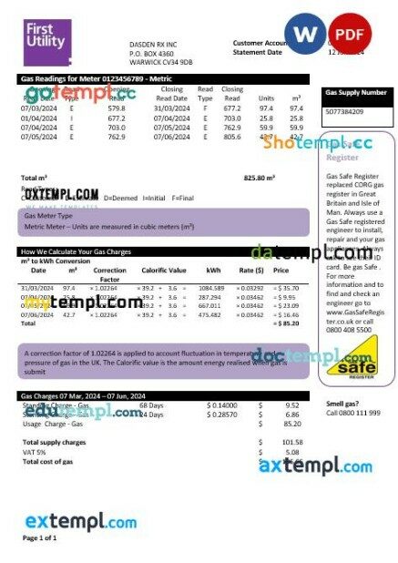 United Kingdom Warwick First business utility bill template in Word and PDF formats