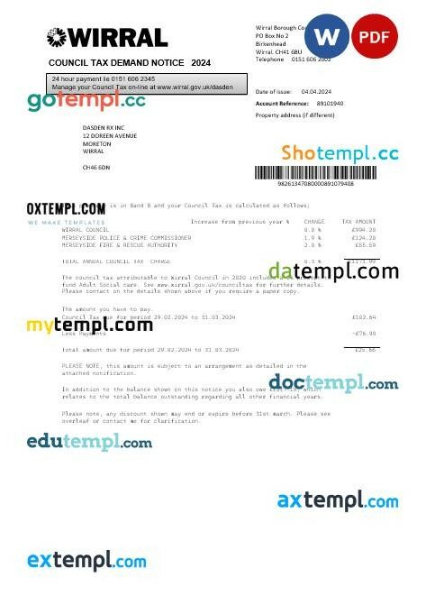 United Kingdom Wirral council tax business utility bill template in Word and PDF formats