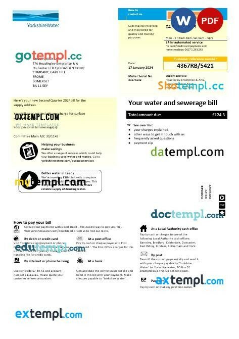 United Kingdom Yorkshire water business utility bill template in Word and PDF formats