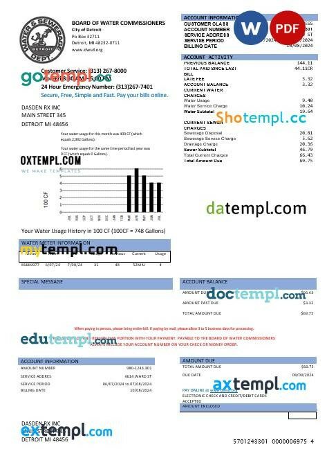 United States Board of water commissioners water business utility bill in Word and PDF formats