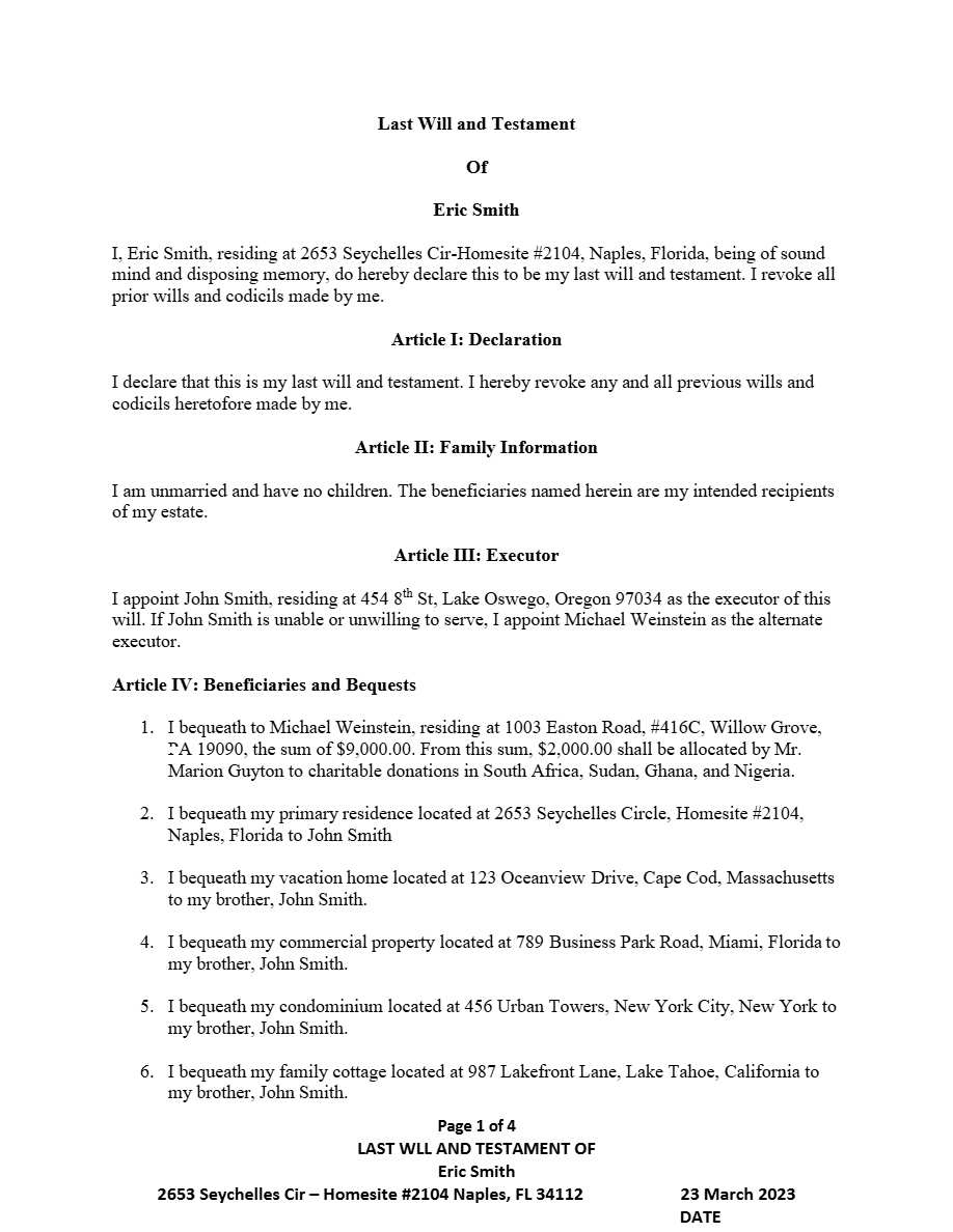 United States Florida Last Will and Testament editable template in Word and PDF formats