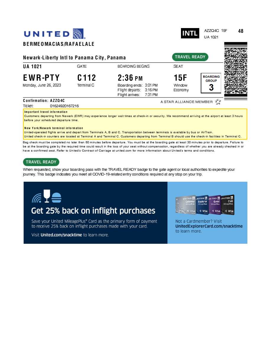 United boarding pass in Word and PDF formats