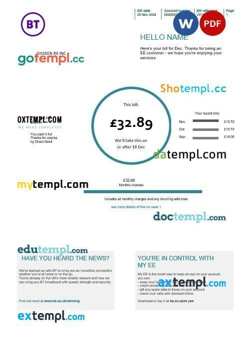 United Kingdom BT telecommunications business utility bill template