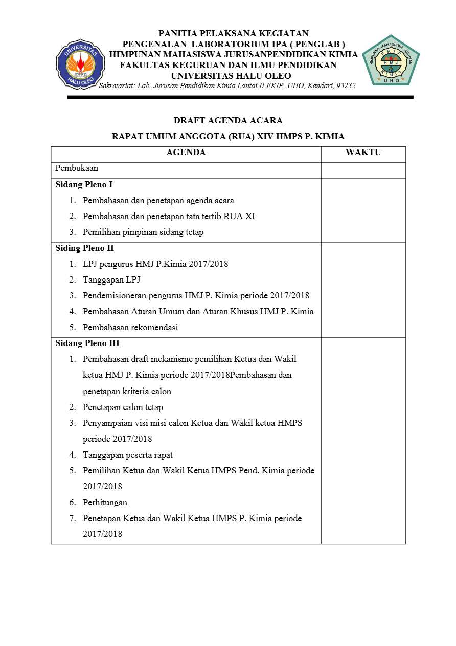 University Halu Oleo agenda template in Word and PDF formats (indonesian)