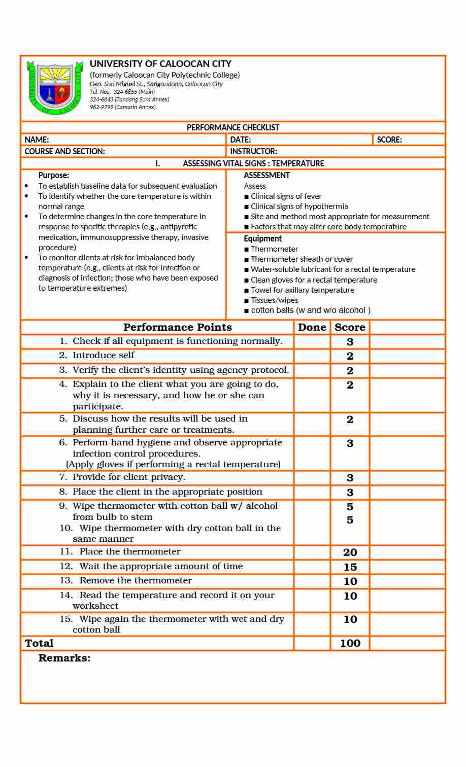 University of Caloocan City Performance checklist template in Word and PDF formats, 8 pages