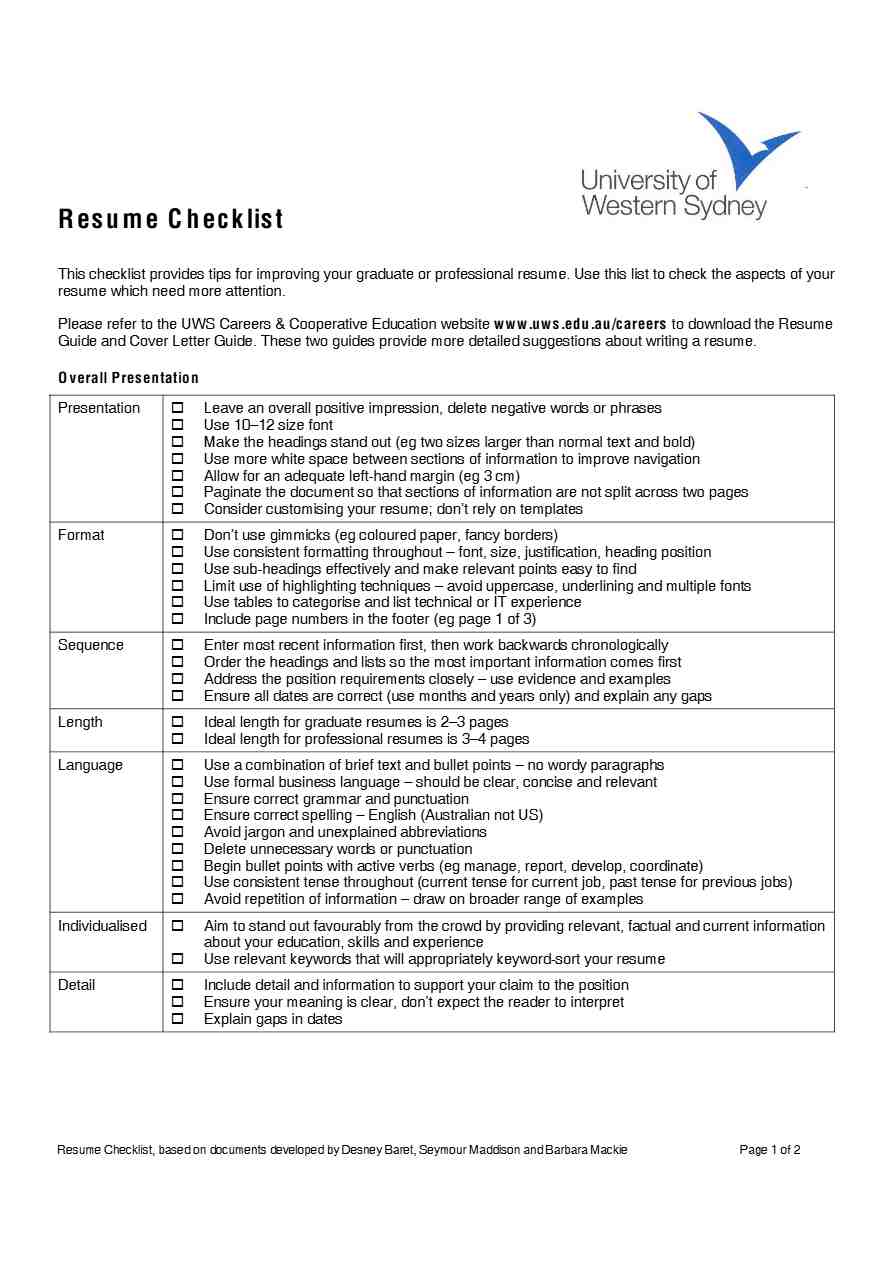 University of Western Sydney Resume checklist template in Word and PDF formats, 2 pages