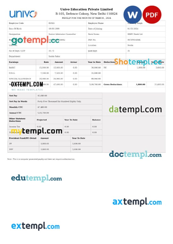 Univo Education payslip template in Word and PDF formats