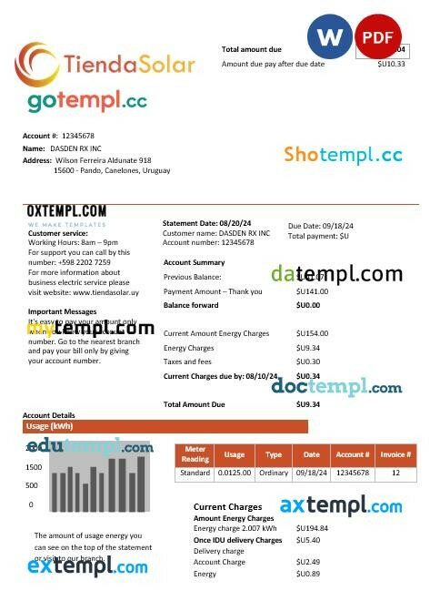 Uruguay TiendaSolar business utility bill template in Word and PDF formats