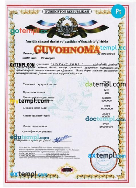 Uzbekistan business registration license PSD template