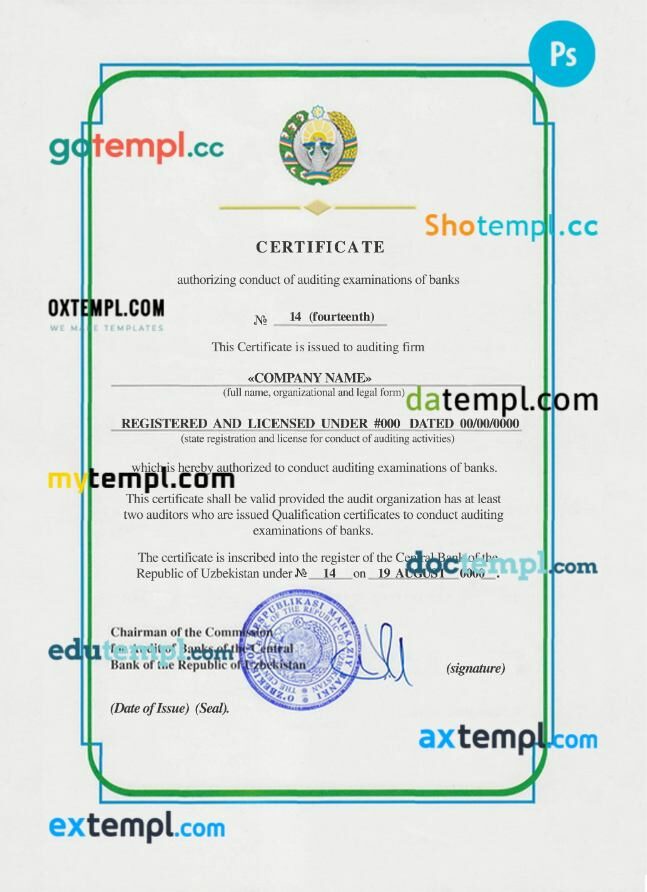 Uzbekistan company registration certificate PSD template